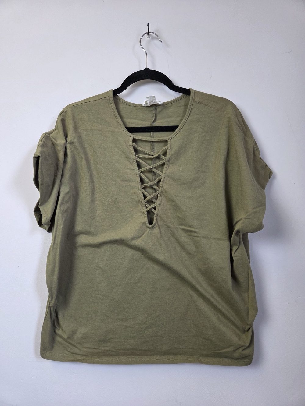 Love Riche Olive Lace-Up V-Neck Short Sleeve Top